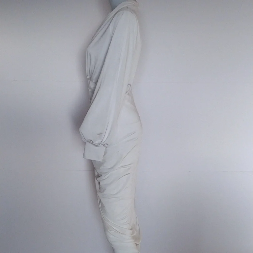 Win Win Woman Medium White Pleated Midi Ruched Dress Long Sleeves V-Neck - Picture 7 of 8